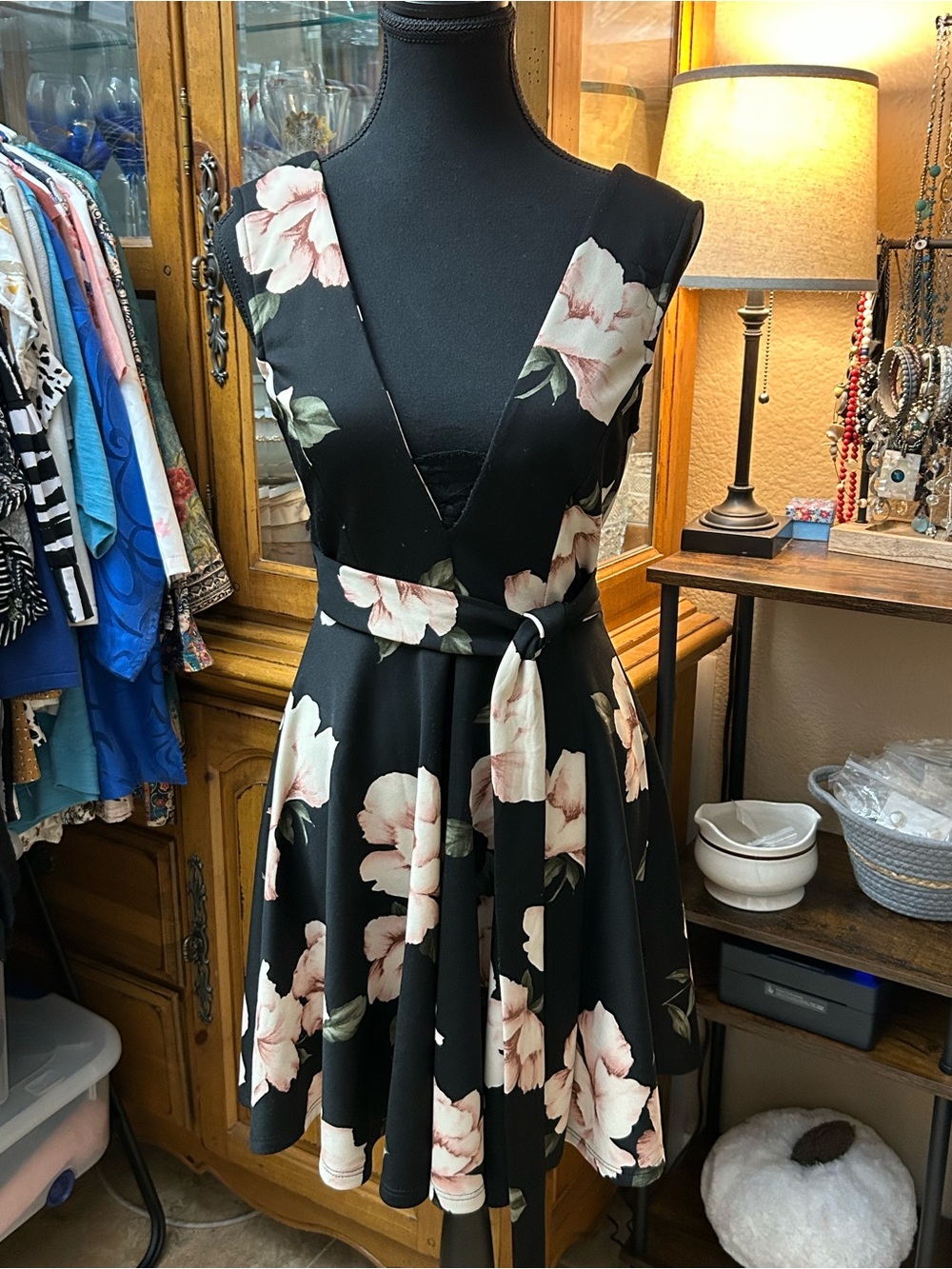 Windsor Black Floral V-Neck Tie-Waist Dress